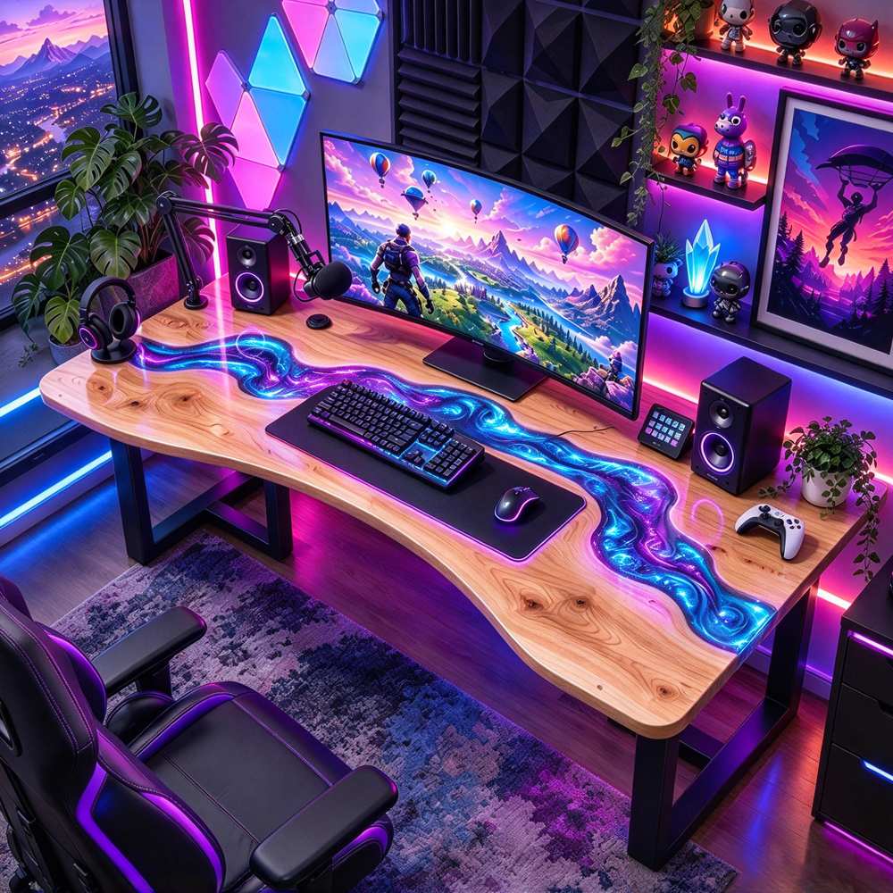 Custom ash wood gaming desk with swirling purple and blue epoxy resin, a natural river design, and black metal legs in a colorful gaming room.