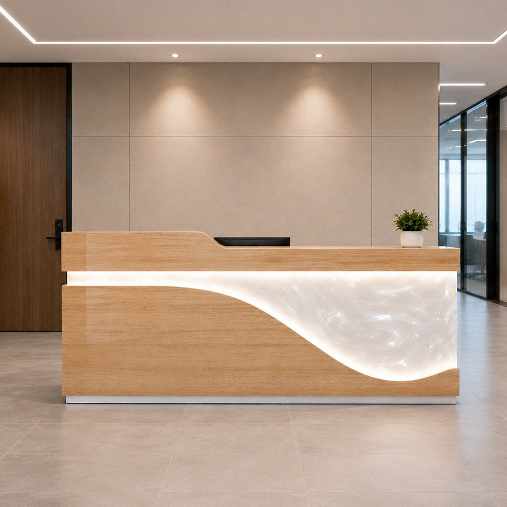 Ash wood white epoxy reception desk with a modern wave front panel in a contemporary office lobby