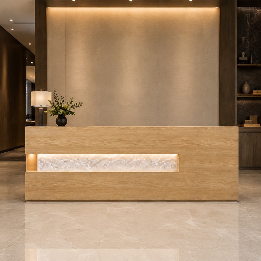 White resin ash front desk designed for offices and professional reception areas