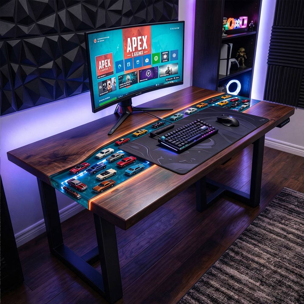 Automotive epoxy resin gaming table, solid black walnut desktop with glowing blue resin channel and car models.