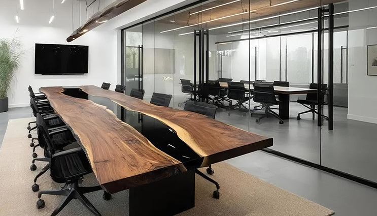 Modern office conference room with a long wooden table and chairs.