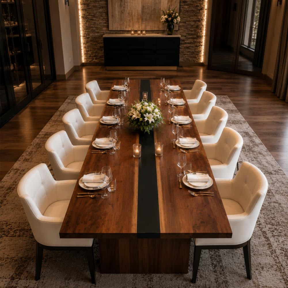 Magnificent 12-to-14 seater custom walnut slab table top configured for elite grand dining room estates