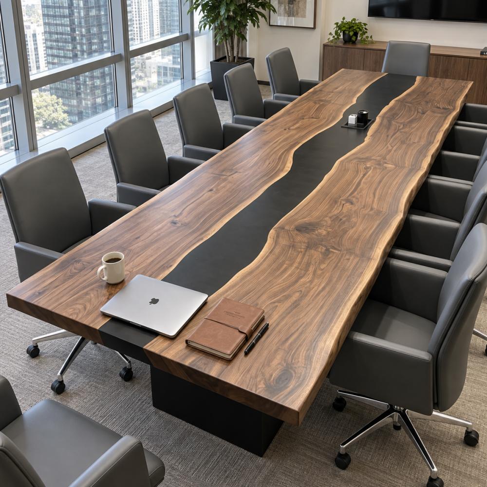 Black resin river running through a natural black walnut conference table