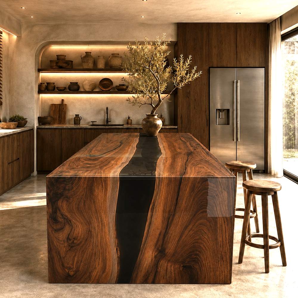 Waterfall-style black walnut wood island with modern black resin inlay