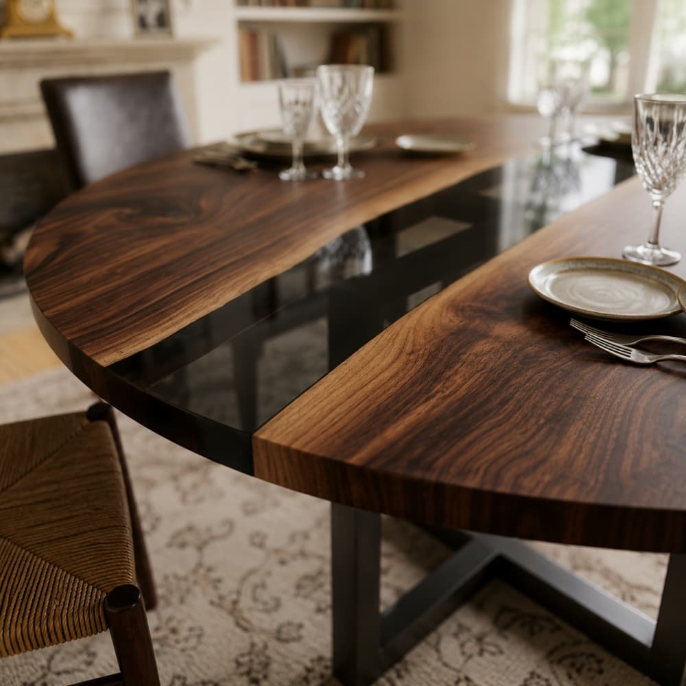 Large custom round timber and resin table top resting on a modern geometric metal base set