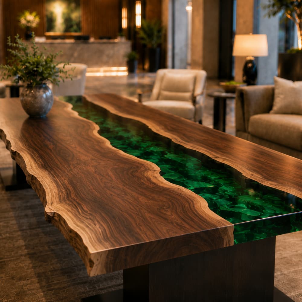 Bespoke commercial lobby furniture featuring rich walnut and unique green swirl epoxy