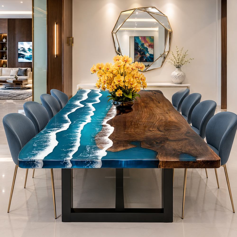 Bespoke commercial lobby table featuring rich walnut and unique ocean wave epoxy
