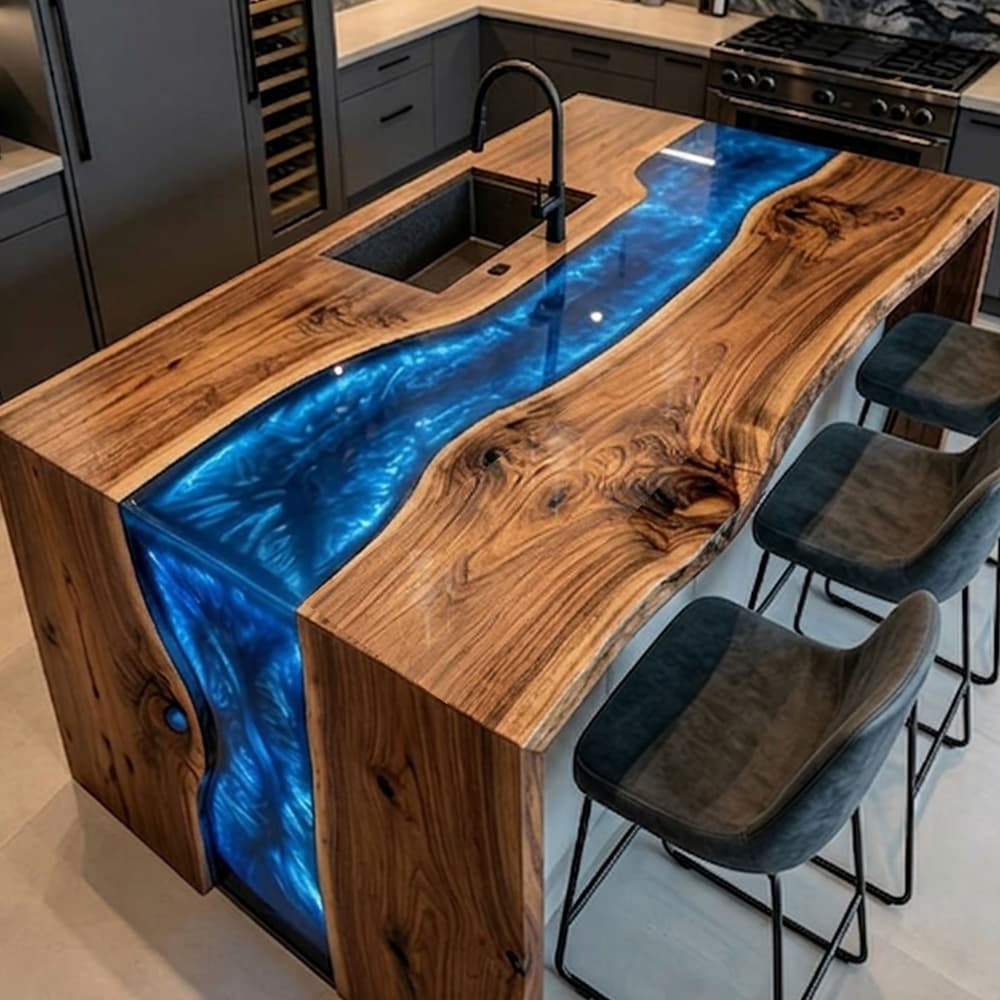 Large custom walnut slab table top configured for luxury residential kitchen island installations.