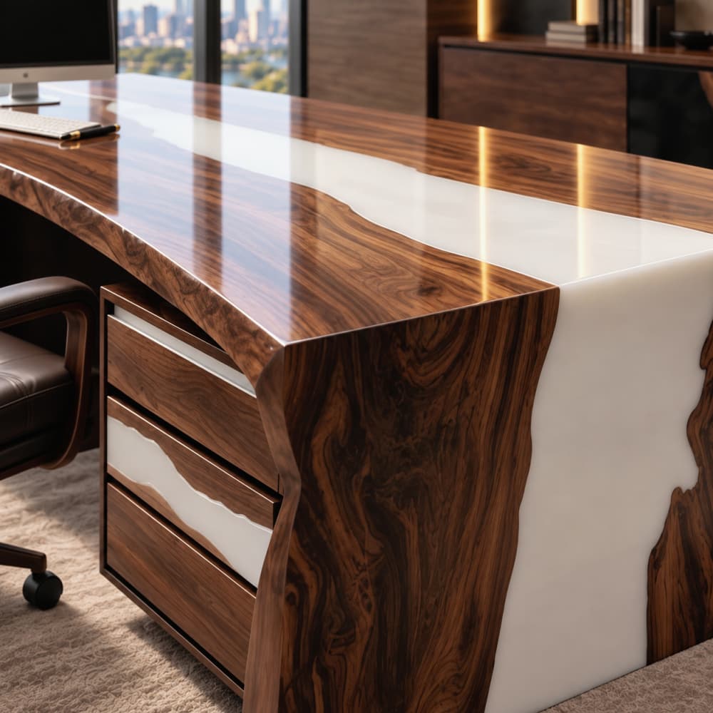 Large custom curved epoxy resin executive work desk paired with leather executive chair in contemporary office