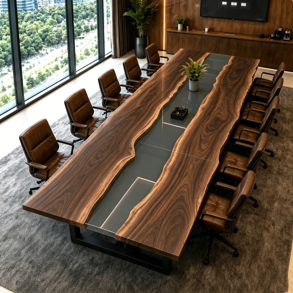 Custom live edge walnut conference table with sophisticated grey resin details