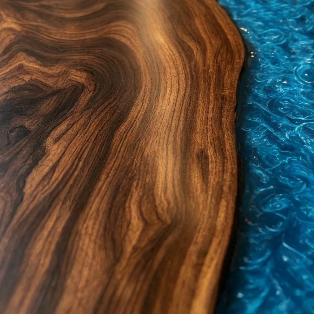 Organic shaped walnut wood and blue liquid resin dining table for luxury villa interior