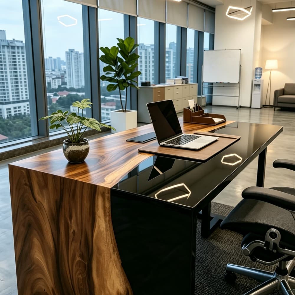 Custom handcrafted live edge walnut waterfall desk for executive suites