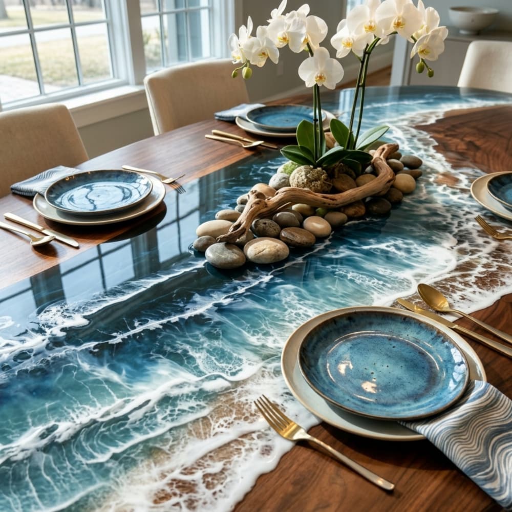 Bespoke luxury resin dining table combining solid wood craftsmanship with custom epoxy resin