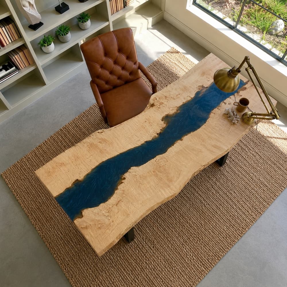 Bespoke poplar computer desk with a unique navy blue swirl resin river inlay