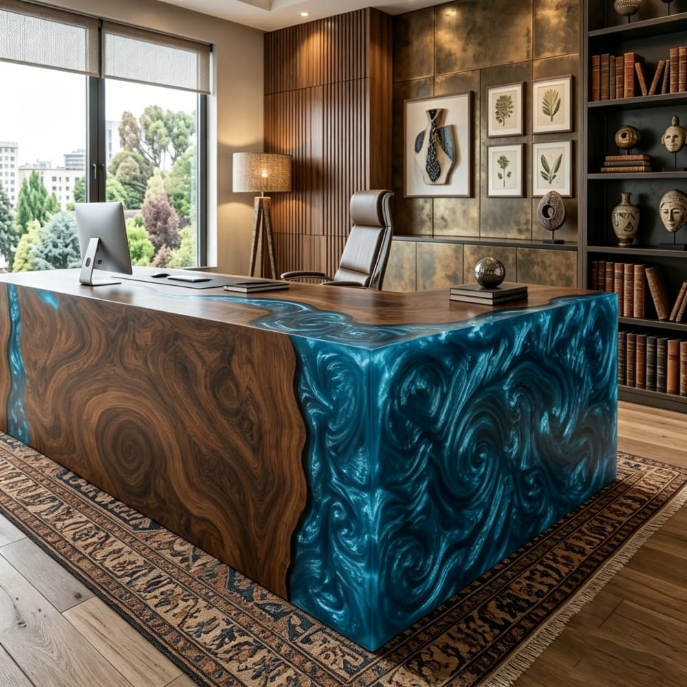 High-end L-shaped black walnut executive desk with sculptural blue vortex resin