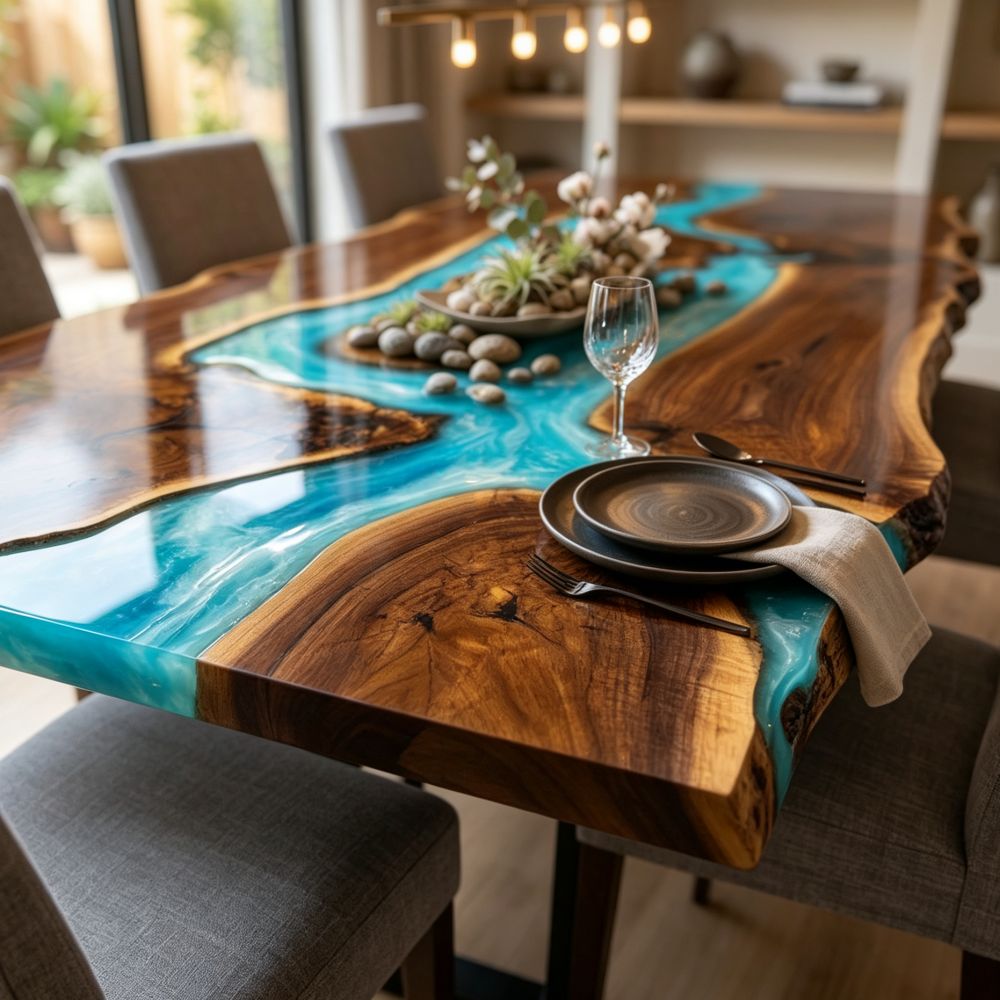 Solid wood dining table with flowing blue epoxy resin through the center