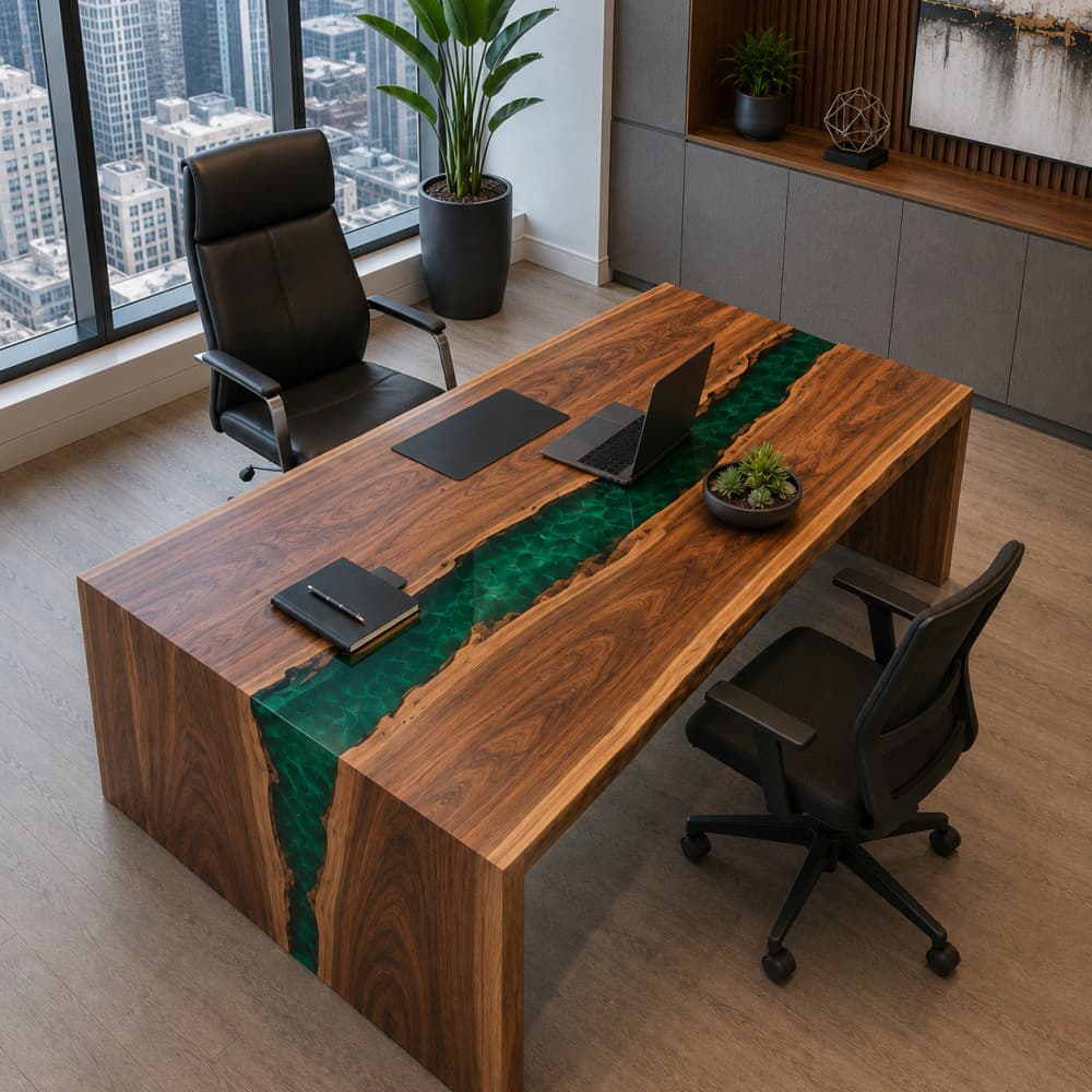 Modern executive workspace desk crafted from premium walnut and emerald epoxy resin