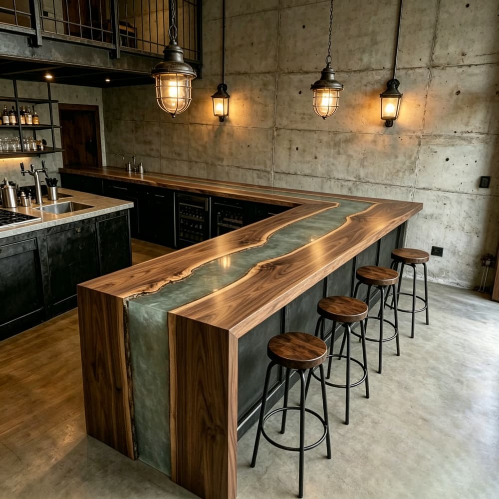Custom handcrafted walnut and metallic grey epoxy resin bar for high-end lounges