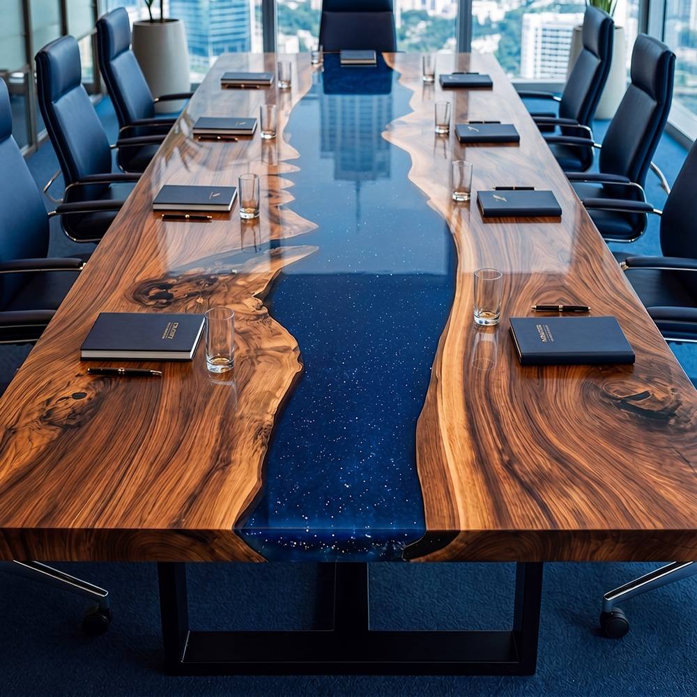 Professional conference room decorated with indoor potted trees and a coastal-inspired custom deep blue resin river meeting desk