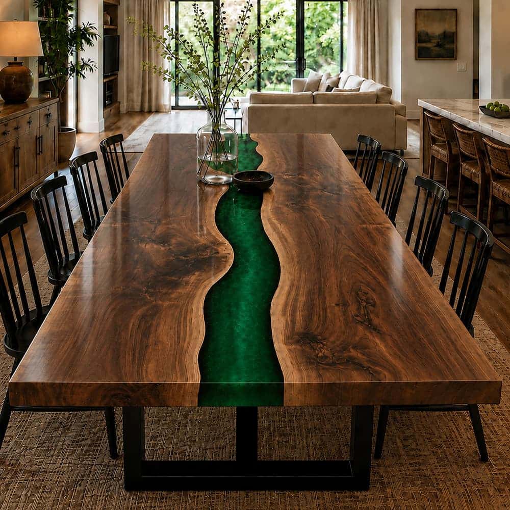 Bespoke luxury wood dining counter positioned next to massive glass doors overlooking a bright green outdoor golf course view