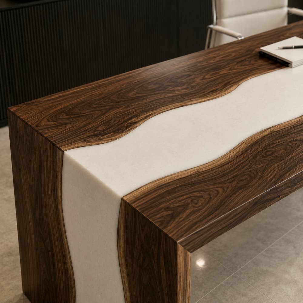 An architectural statement piece writing desk handcrafted from solid timber and white epoxy resin for upscale residential interiors