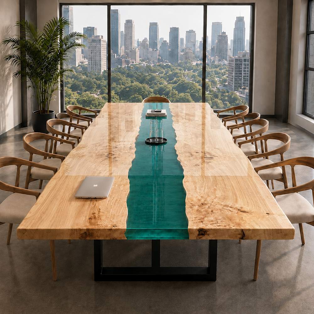 Executive boardroom with a custom green epoxy wood table overlooking a sweeping city skyline and urban park views