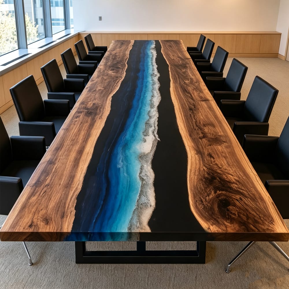 Executive conference table combining Black Walnut, solid black epoxy, and blue-white wave resin.