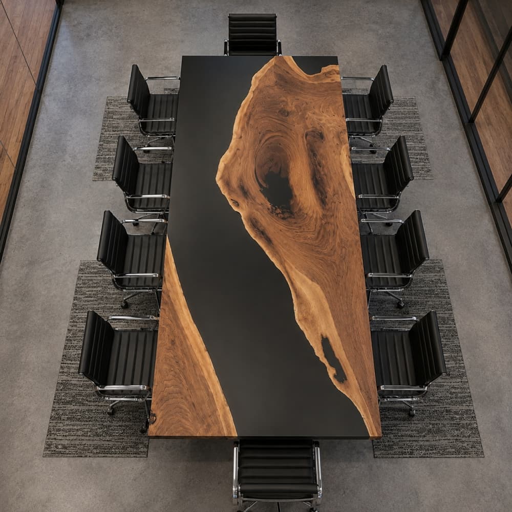 Black epoxy meeting room table with natural black walnut grain for corporate offices