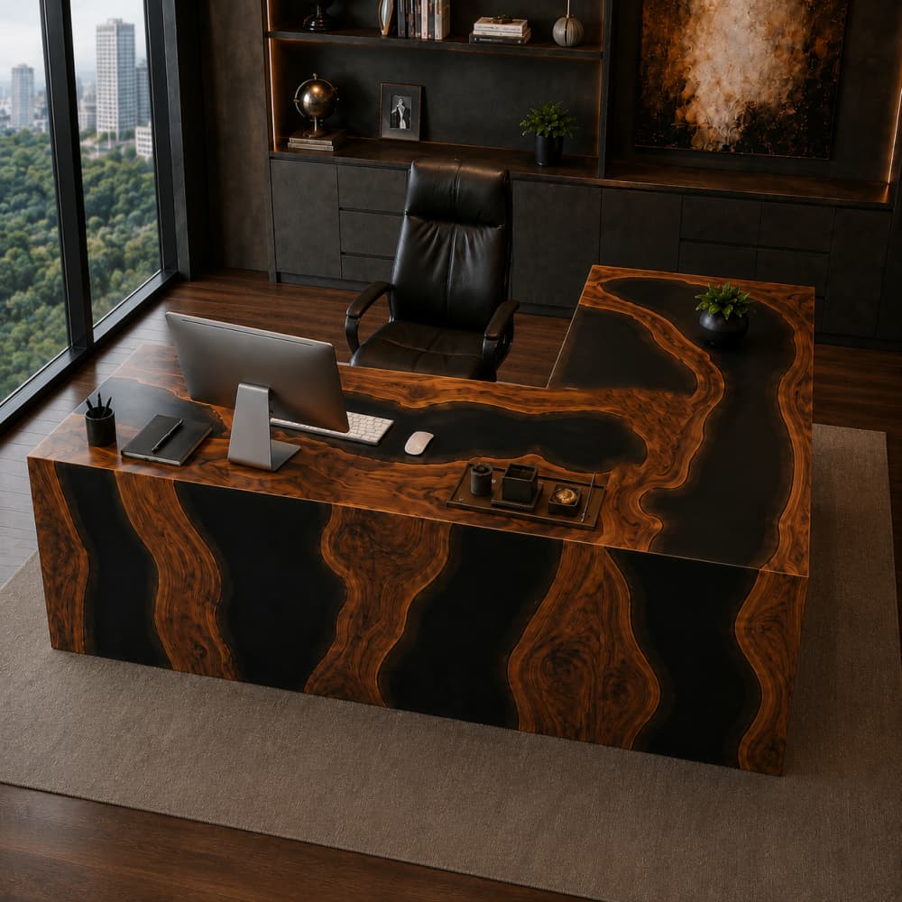 Black epoxy and walnut desk for a leadership suite with a spacious L-shaped layout