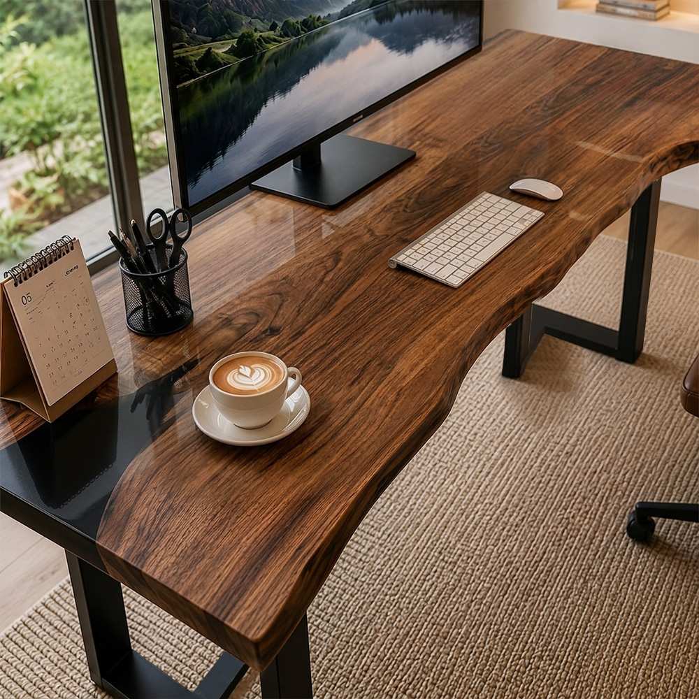 Premium walnut office furniture with resin tabletop detail, natural slab character, and a balanced contemporary workspace look