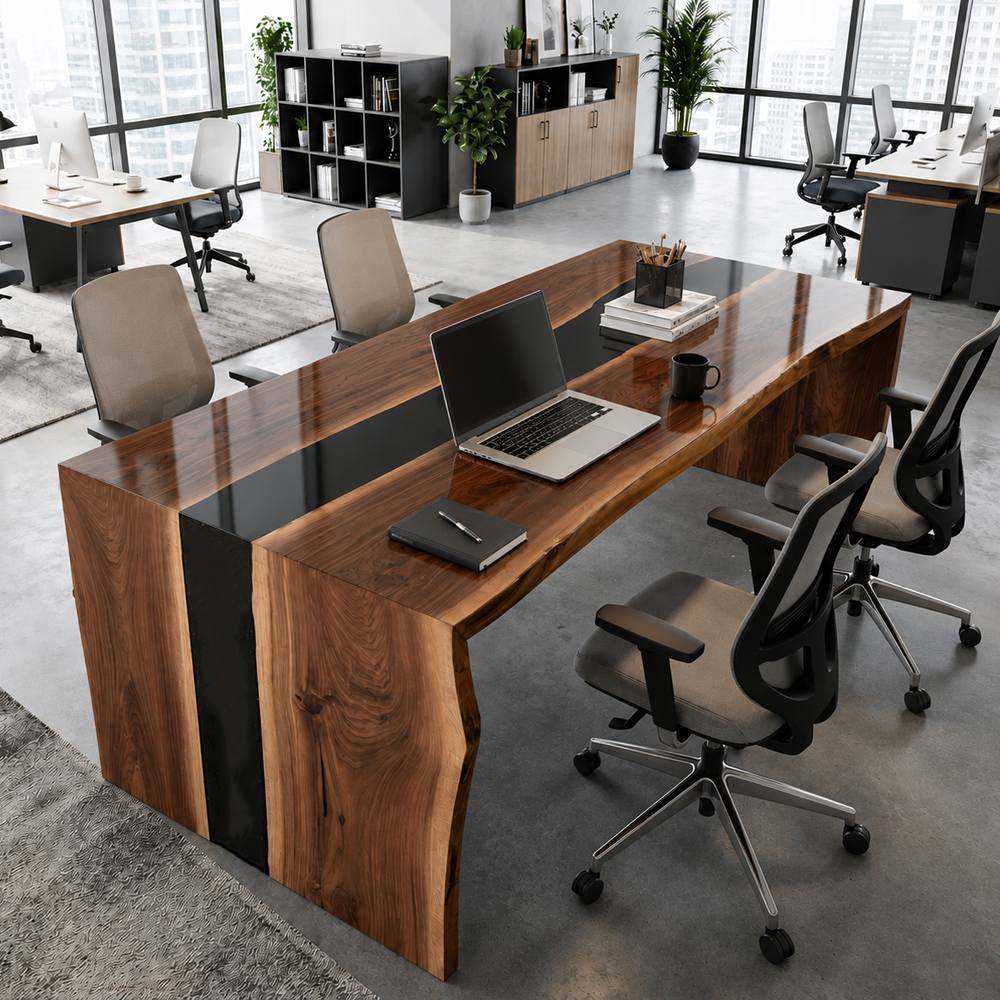 Detail view of glossy black epoxy set into a solid walnut office tabletop.