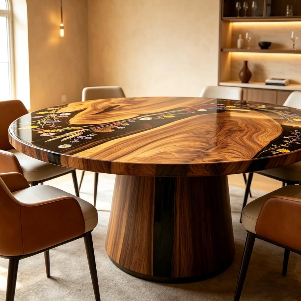 Black resin flower inlay walnut dining table designed as a statement centerpiece for an upscale dining space
