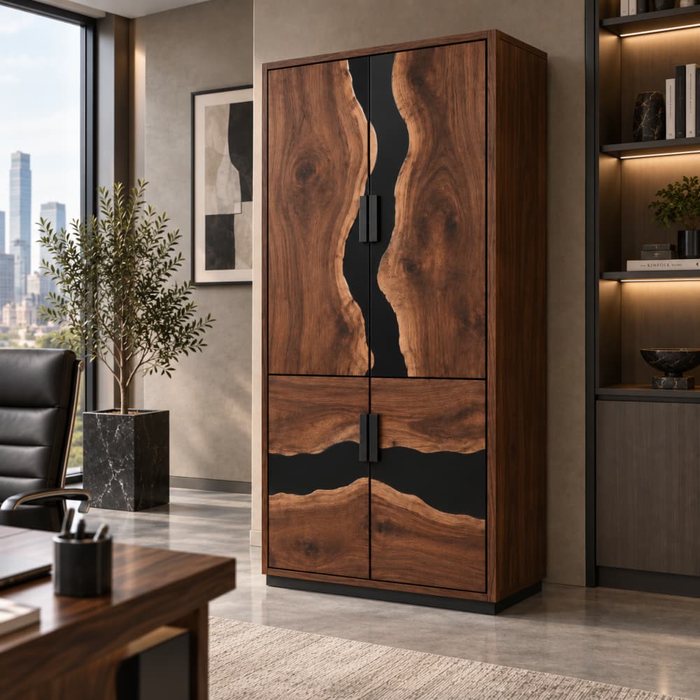 black resin inlay flowing along natural Black Walnut edges on a custom tall office storage cabinet