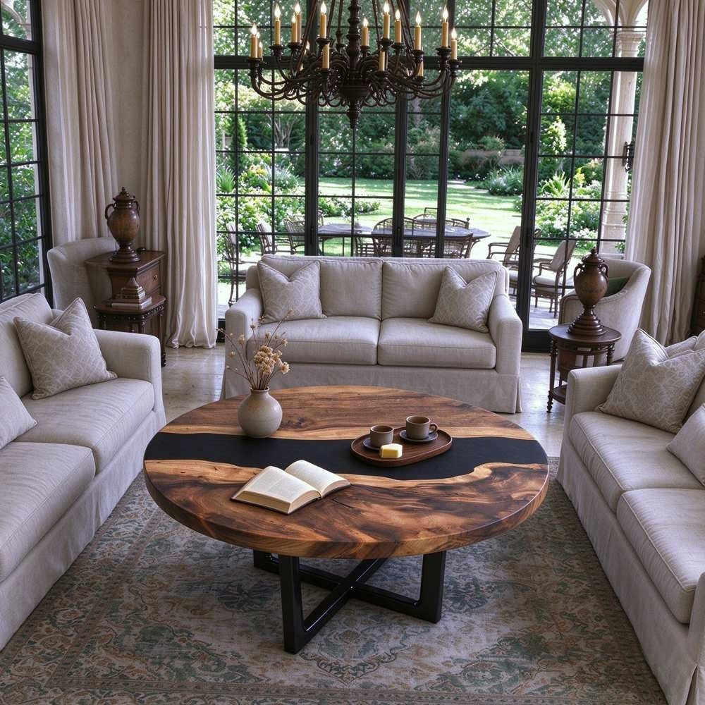 Black resin round walnut coffee table for a modern living room conversation area