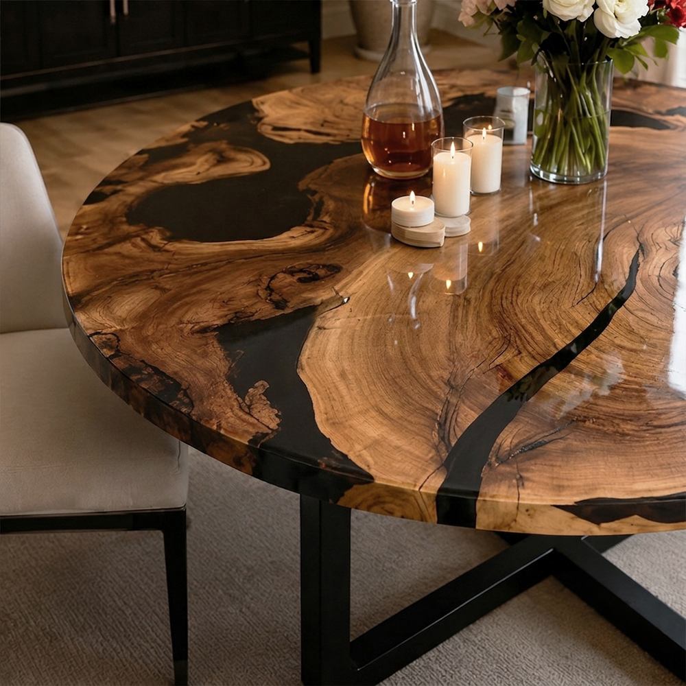 Walnut black epoxy coffee table for a modern living room, featuring natural wood grain, dark resin accents, and a round tabletop