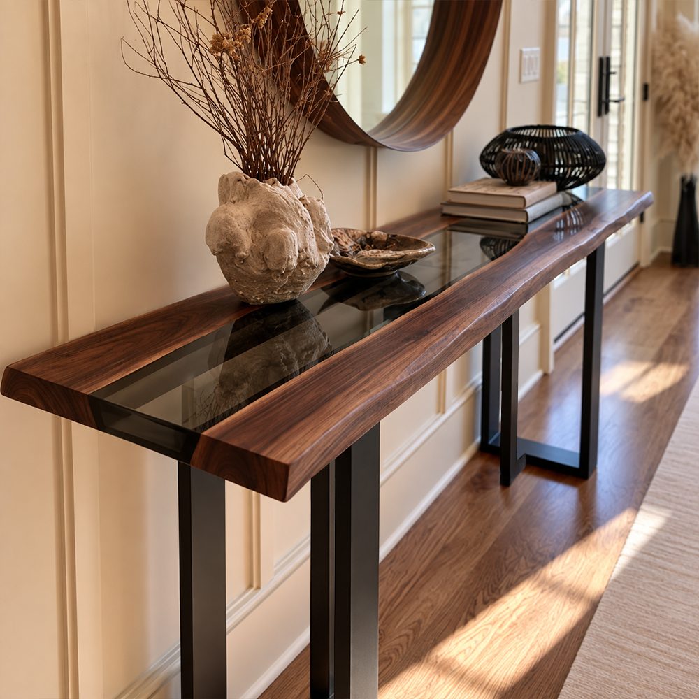Black resin walnut entryway table with a slim profile and natural wood grain