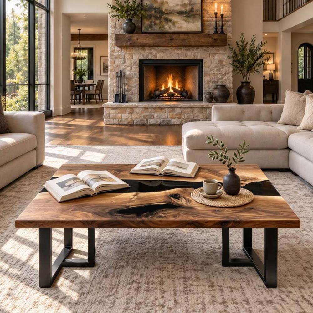 Black resin walnut living room table with a low rectangular profile