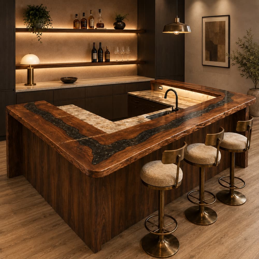 Custom U-shaped wood and resin bar island for a luxury lounge or home bar