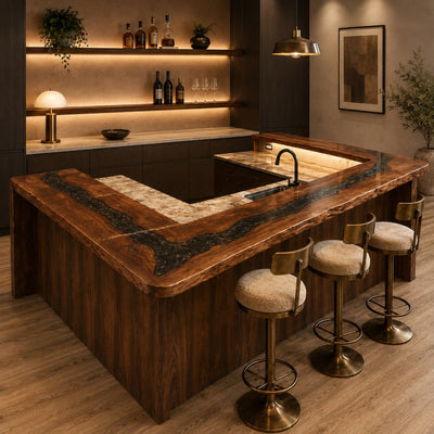 Black Walnut Black Swirl Resin U-Shaped Bar Table | BC-08