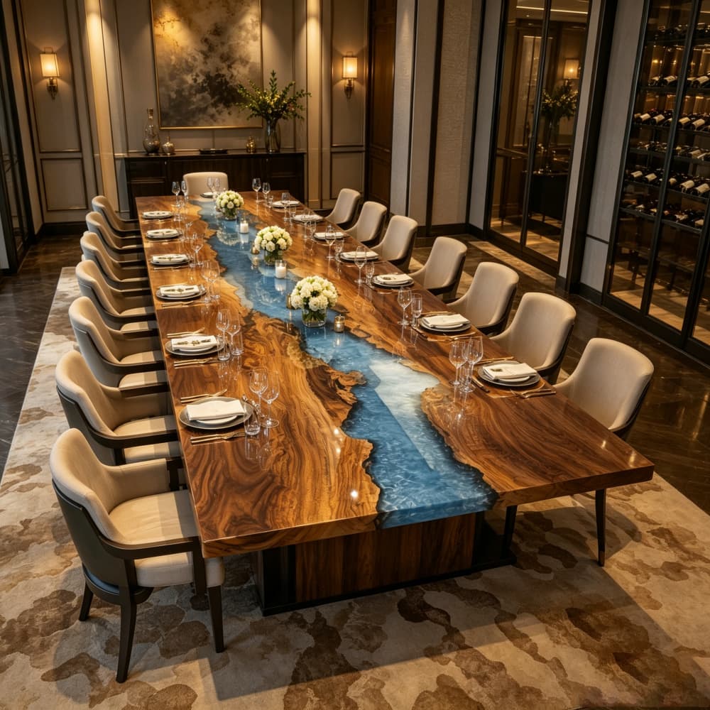 Large banquet table made of walnut wood and blue resin