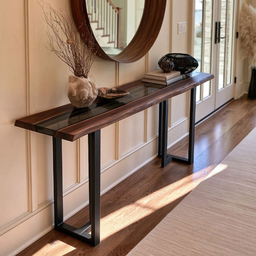 Black Walnut console table with deep black epoxy inlay for a modern entryway