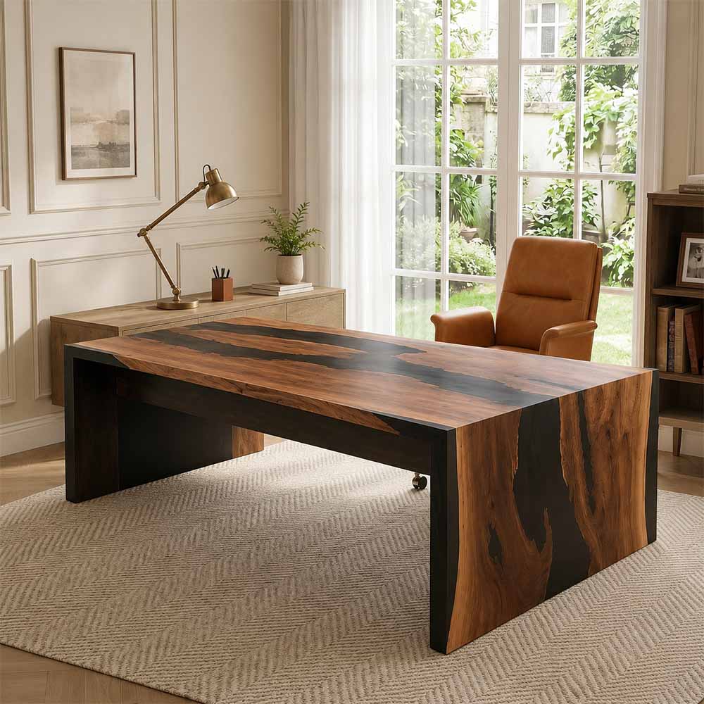 Black walnut black epoxy executive desk with waterfall legs in a luxury office