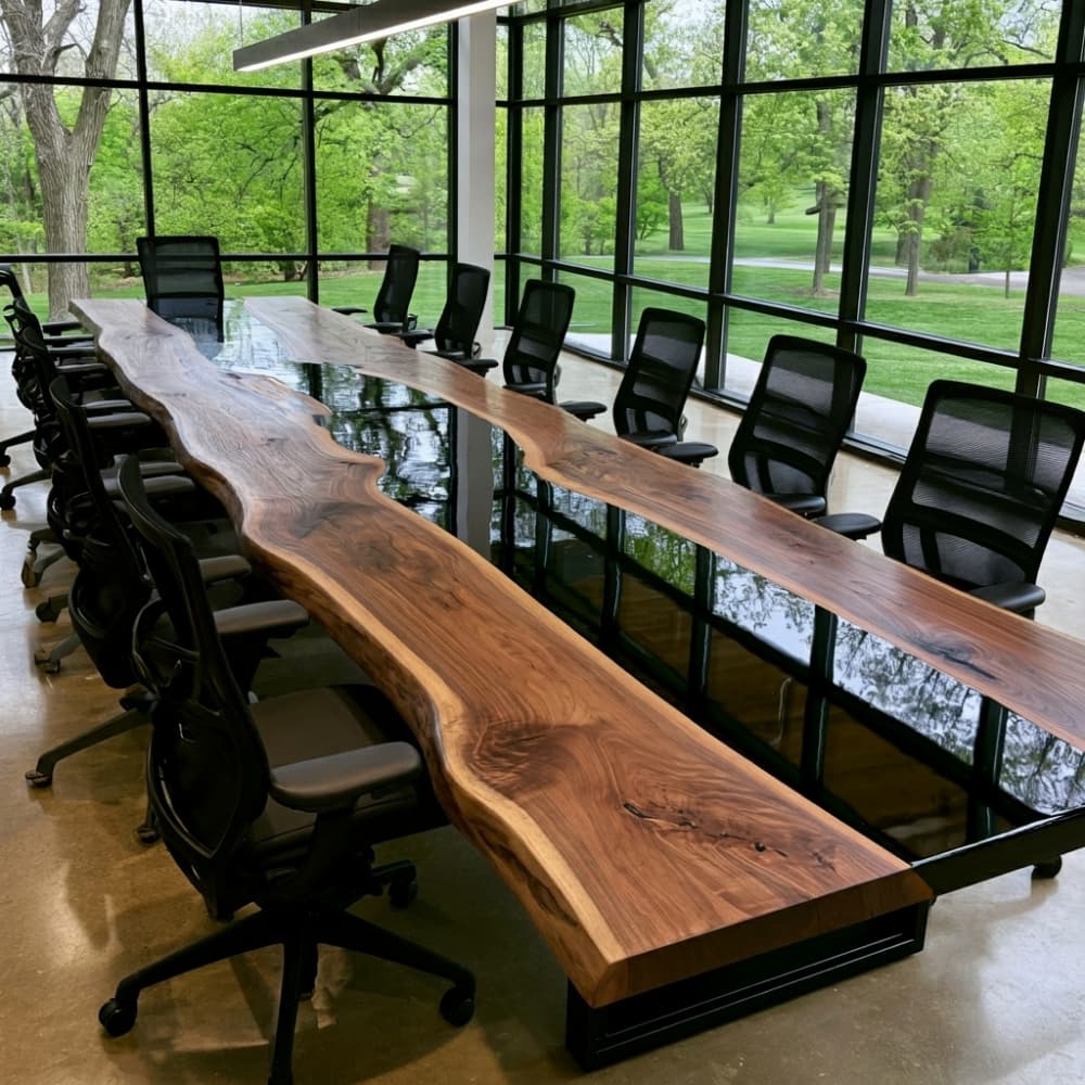 Custom black walnut black epoxy live edge conference table for a luxury corporate boardroom with large meeting seating