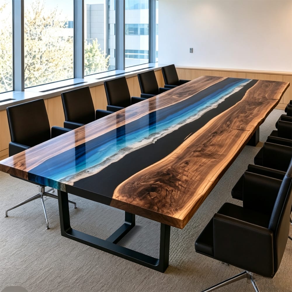 Black Walnut conference table with black epoxy and blue ocean wave resin in a corporate meeting room.