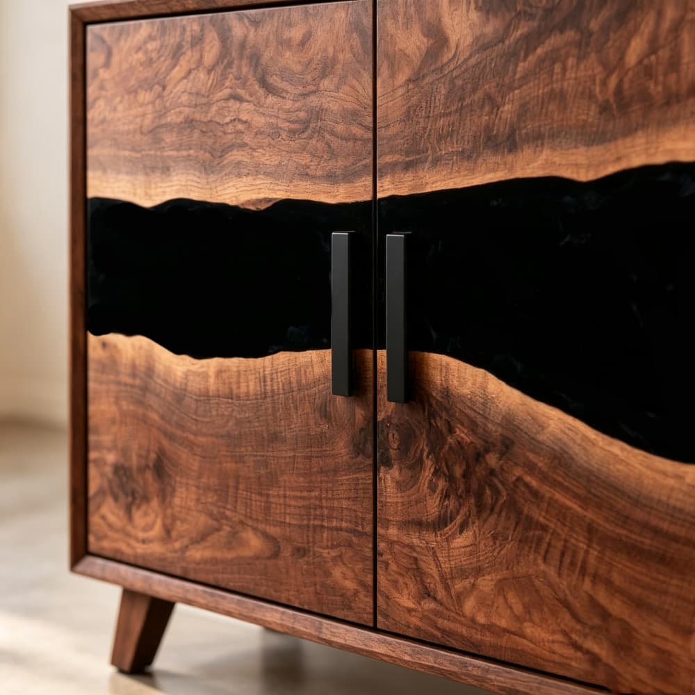 Close-up of rich black walnut grain and organic black epoxy resin detail on a handcrafted office cabinet