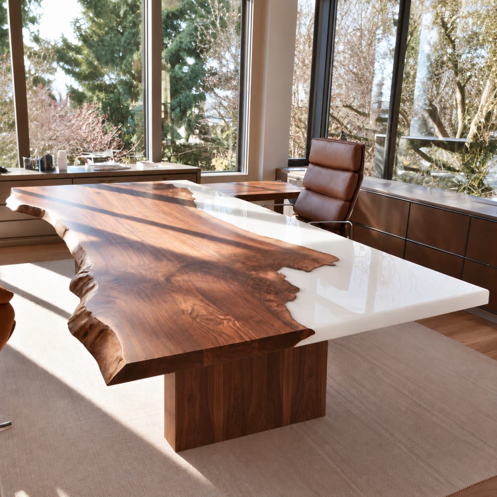 Custom Black Walnut executive desk with black epoxy resin and natural live-edge detailing for a modern luxury office.