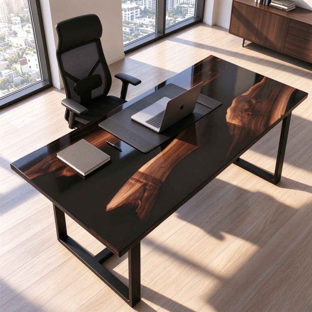 Black walnut live edge black epoxy resin office desk, handmade river wood home office workstation with glossy black resin river tabletop