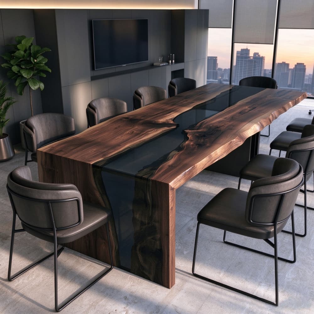 Black walnut epoxy resin waterfall conference table with a transparent black river in a modern executive boardroom.