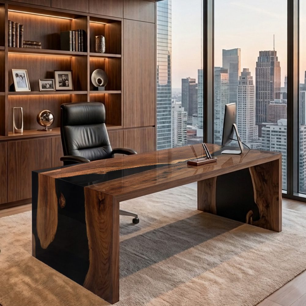 Custom black walnut and black epoxy waterfall executive desk in a luxury high-rise office with a spacious rectangular work surface