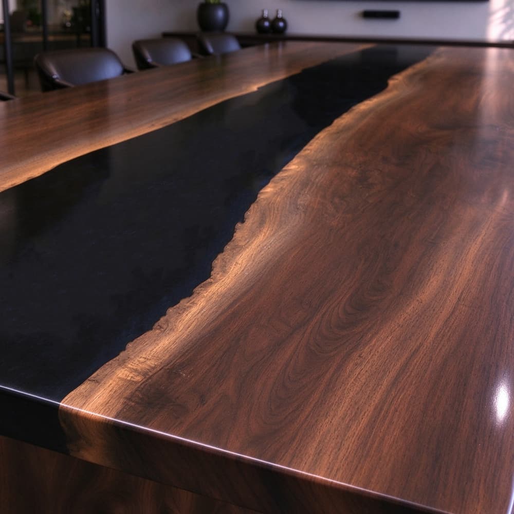 Close-up of rich walnut wood grain and matte black epoxy channel on a custom commercial boardroom conference table.